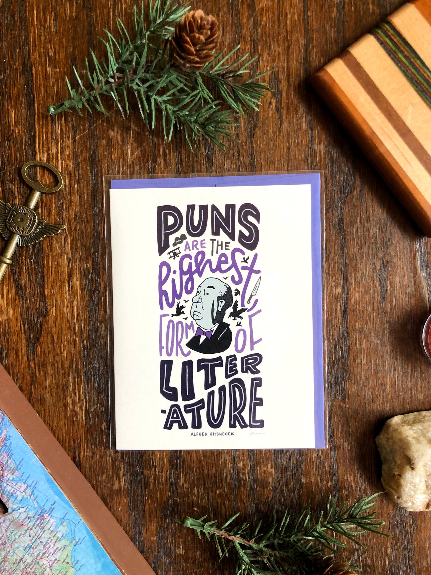 Hand-Lettered Alfred Hitchcock Pun Card