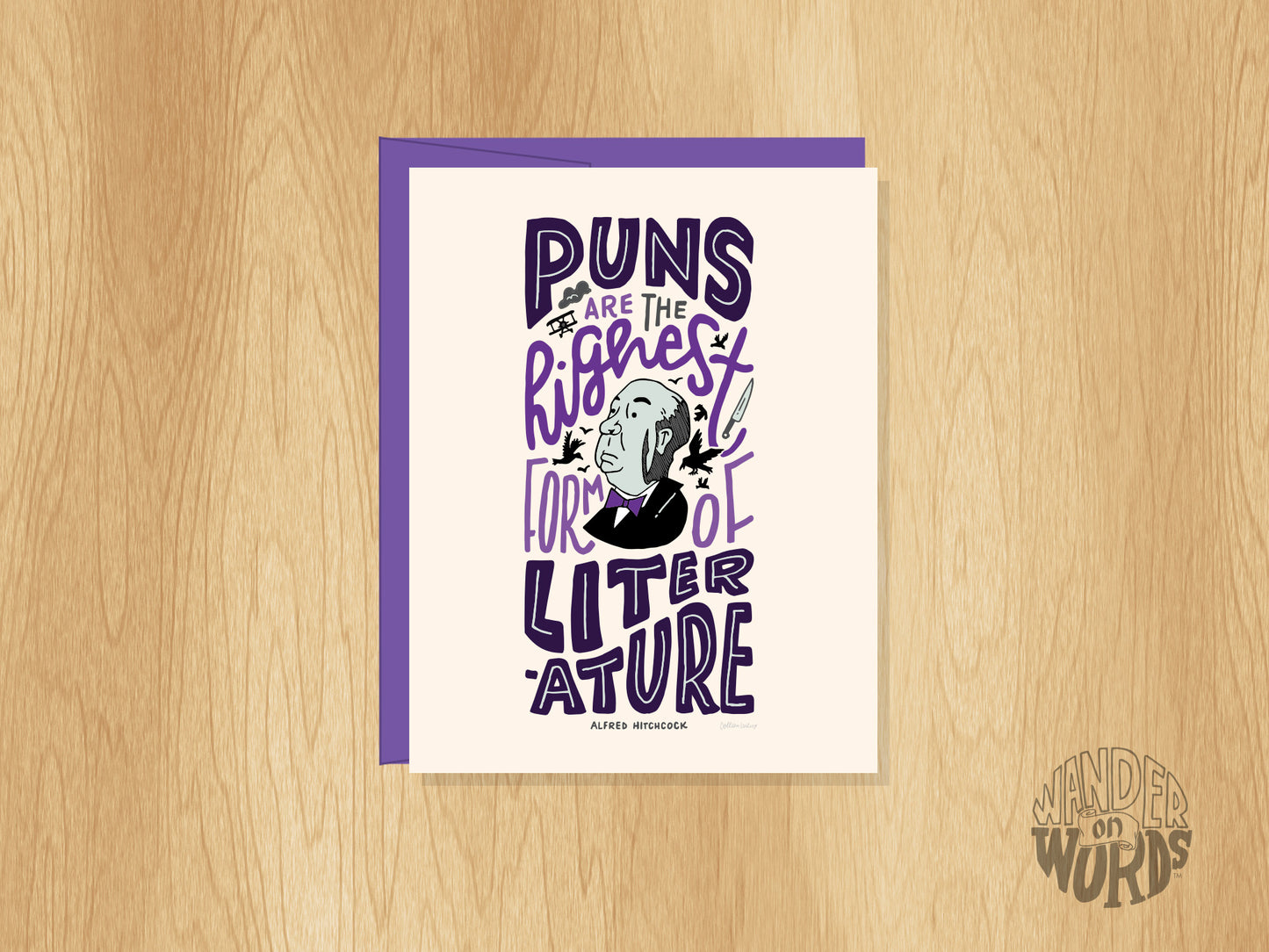 Hand-Lettered Alfred Hitchcock Pun Card