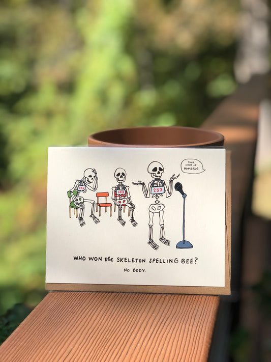 Skeleton Spelling Bee Illustrated Pun Card